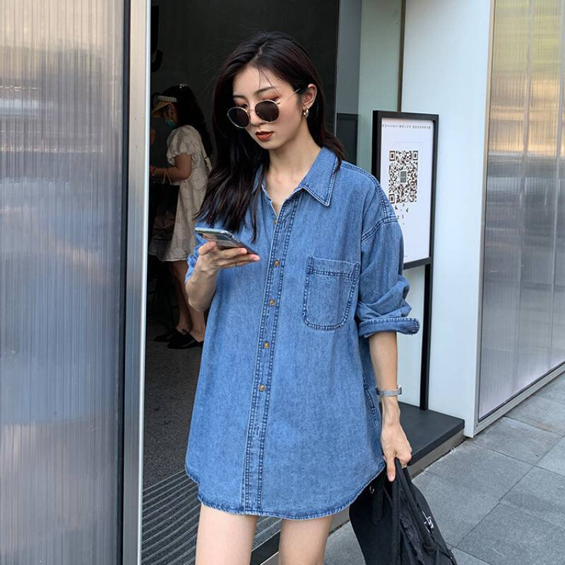 高货新款牛仔衬衫女外穿韩版宽松学生BF长袖宽松蓝色内搭上衣外套
