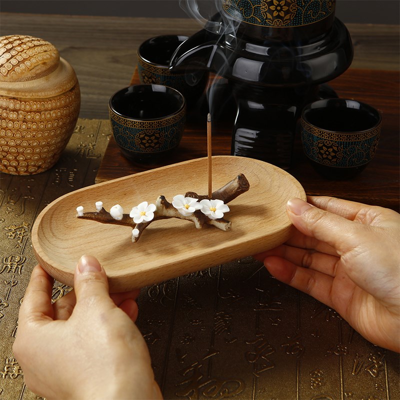 速发梅花香插中式禅意线香香薰家摆室内香木陶瓷用件榉座香托香盘
