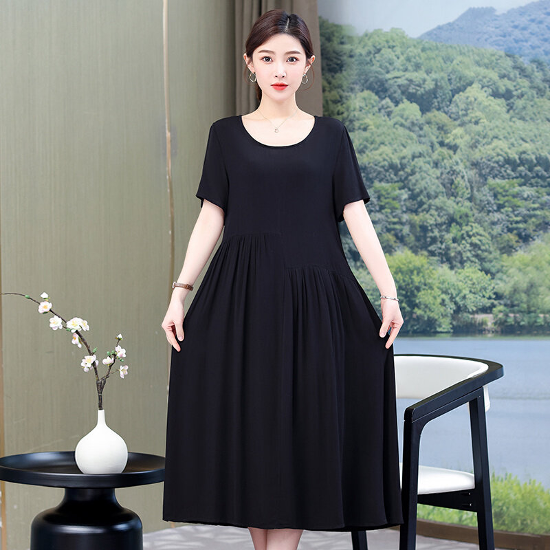 高货夏季短袖纯色连衣裙女中长款2024韩版新款大码修身显瘦气质大