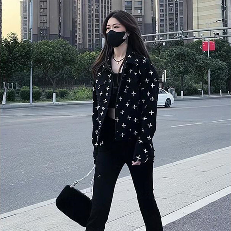 高货80-200斤大码黑色牛仔外套女新款春秋港味百搭宽松显瘦十字花