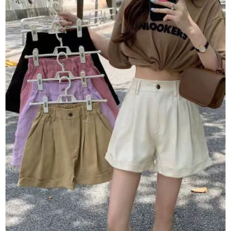 高货卷边工装短裤女夏季韩版2024新款高腰显瘦百搭纯色阔腿休闲裤