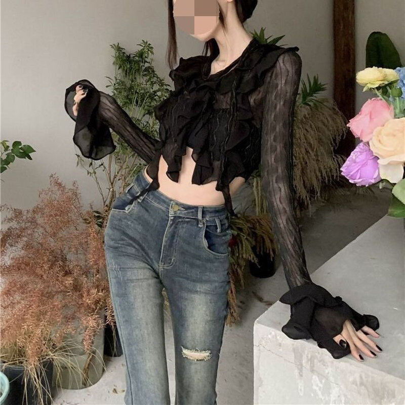 高货欧美网红上衣纯欲露脐蕾丝木耳边设计T恤修身性感辣妹V领长袖