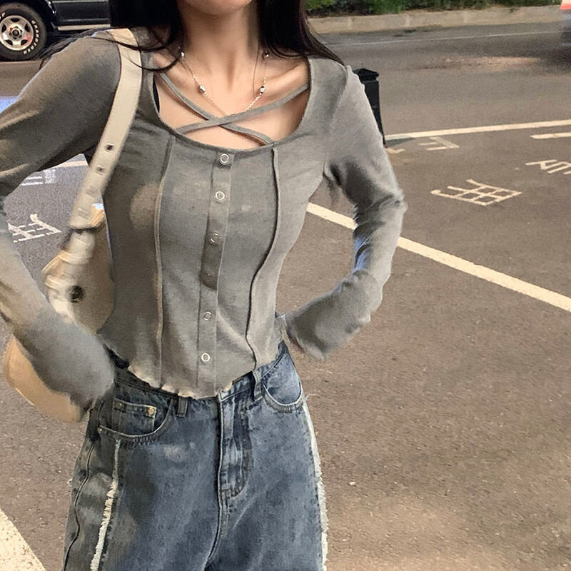 速发甜酷风辣妹心机上衣早秋新款设计感锁骨修身长袖t恤女螺纹打图片