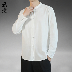 宽松立领盘中春衬衣唐装 棉国风长袖 中麻 亚麻男装 速发扣式