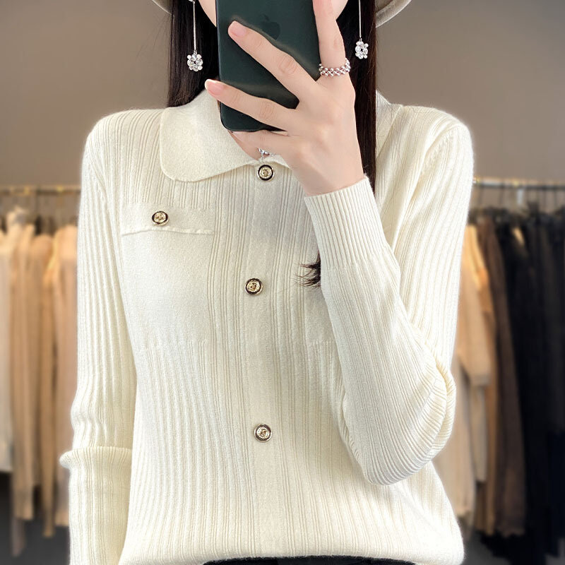 高货2024秋季女式针织衫毛衣女娃娃领POLO打底毛衫女长袖外贸厂高