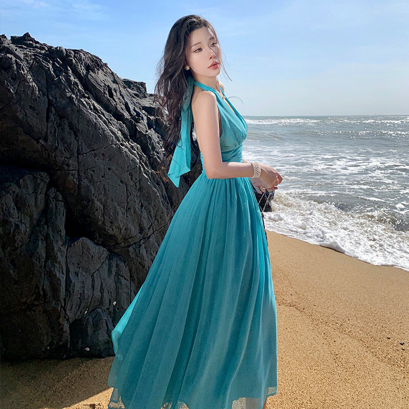 高货绝美蓝色挂脖性感露背沙滩连衣裙高级感飘逸长裙海边度假气质