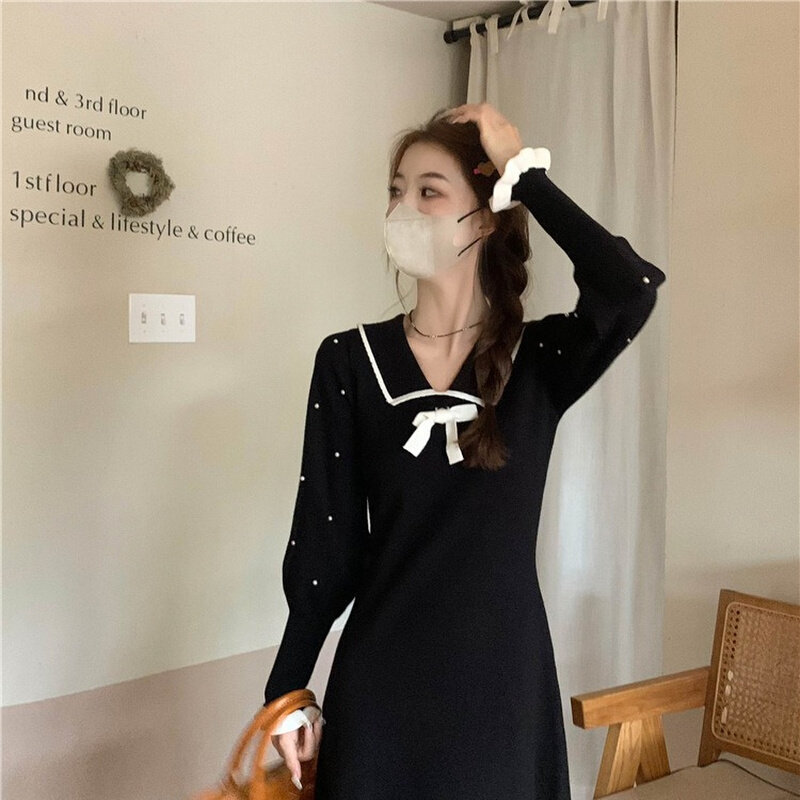 高货新款~法式蝴蝶结珍珠袖连衣裙女复古气质针织裙子