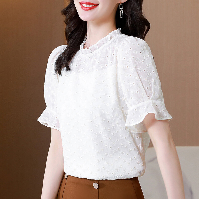 高货2024新款女士上衣夏季甜美镂空钩花短袖衬衫田园花边领白色雪
