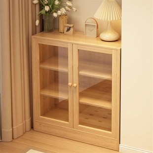 速发实木书架落地纳物架矮书柜带柜门日储格子柜客厅飘窗柜收置式