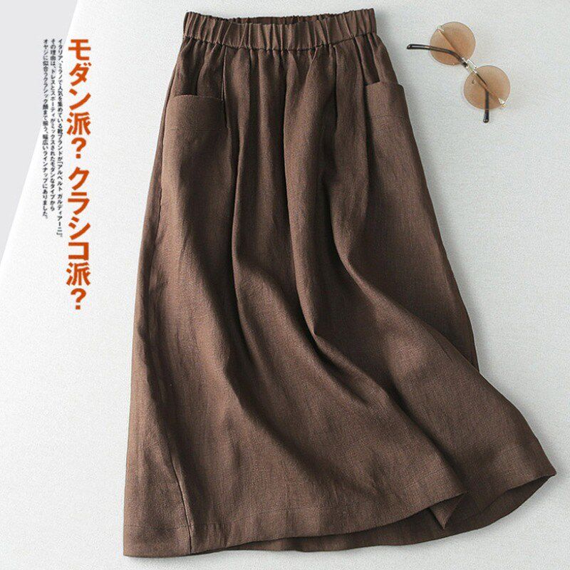 速发复古纯色亚麻半身裙夏季高腰宽松大摆棉字裙休闲A麻长中裙