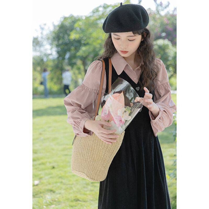 高货茶歇法式灯芯绒连衣裙套装女2024春季新款内搭翻领衬衫背带裙