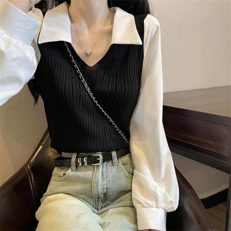 高货黑色显瘦polo领毛衣打底衫女春季新款小众女拼接针织上衣显瘦