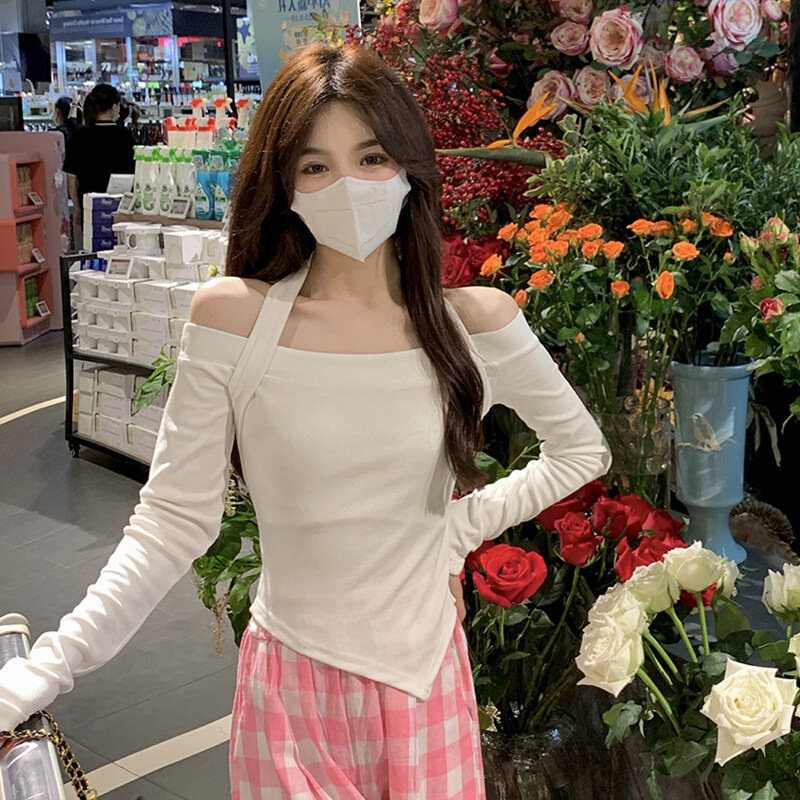 高货一字肩挂脖T恤女2024早秋季新款辣妹内搭短款打底衫长袖上衣