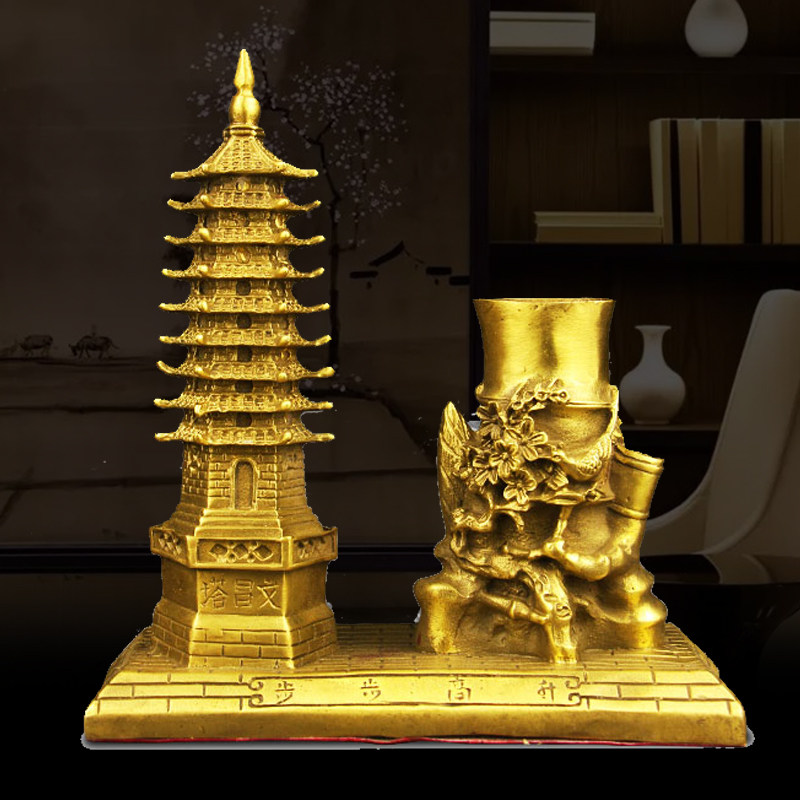 速发纯黄铜九层文昌塔桌件笔筒文昌塔家居品摆装饰工艺书书房摆设