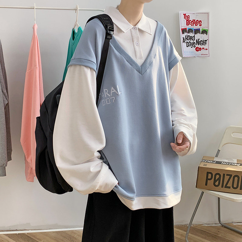 速发iz撞色宽松休闲假两件卫衣男overs潮流e港风套头翻领衣服