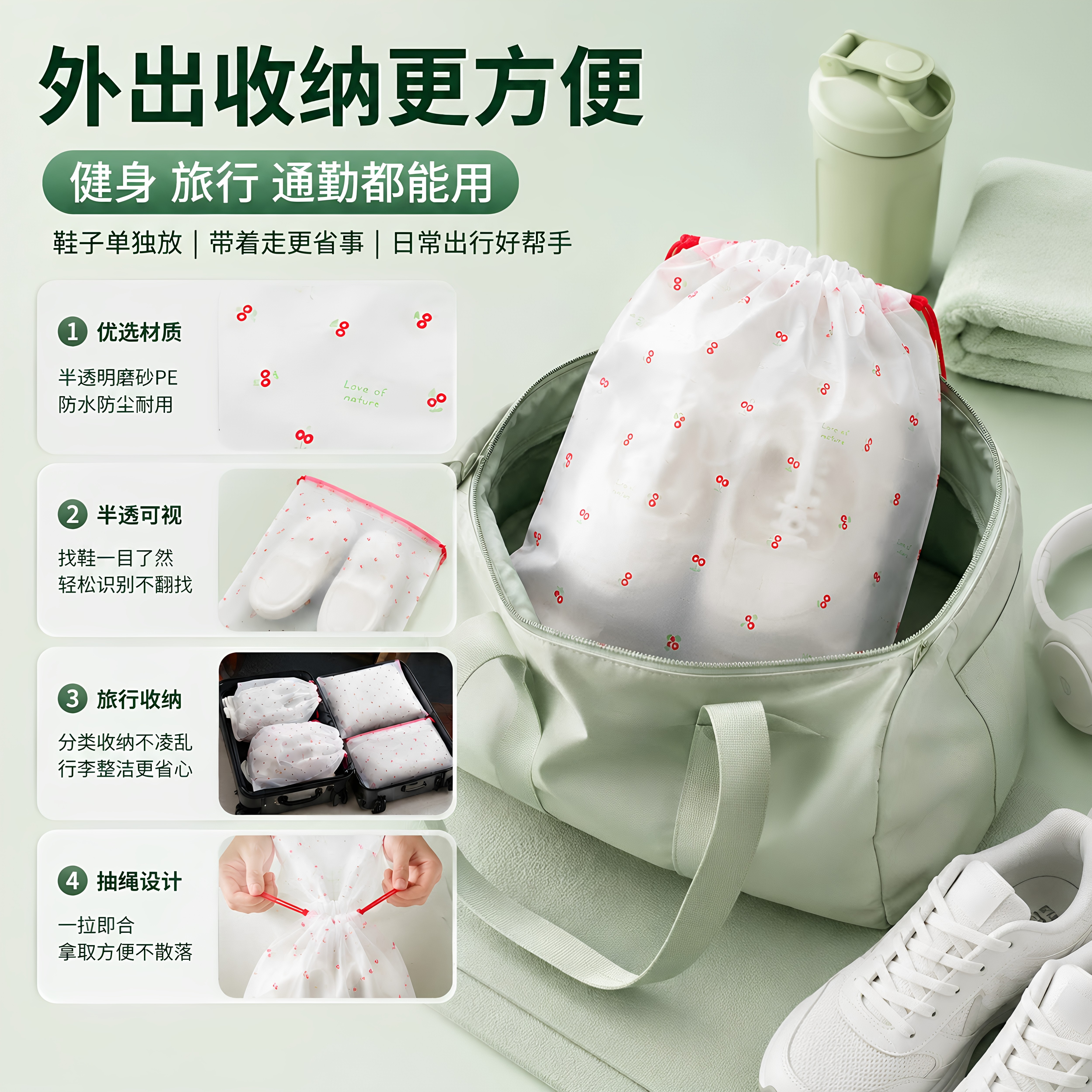 樱桃抽绳防尘防潮鞋袋