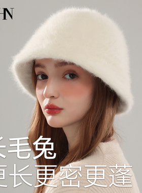 ZNHN秋冬季大头围真兔毛渔夫帽保暖女毛毛绒显脸小水桶盆帽礼盒装
