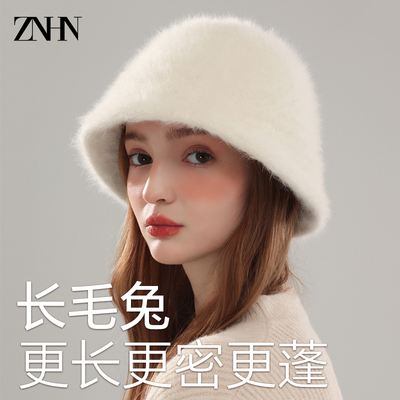 ZNHN秋冬季大头围真兔毛渔夫帽保暖女毛毛绒显脸小水桶盆帽礼盒装