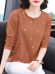 纯棉长袖T恤女春秋薄款2025新款宽松遮肚显瘦绣花洋气打底衫上衣