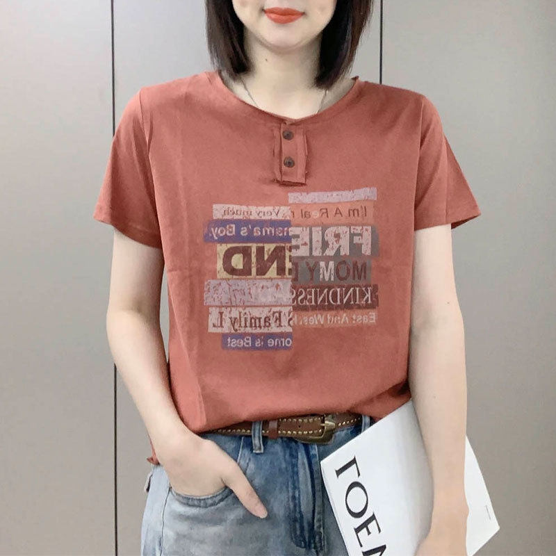 圆领短袖T恤女士2026夏季新款休闲百搭小众韩版宽松字母印花上衣