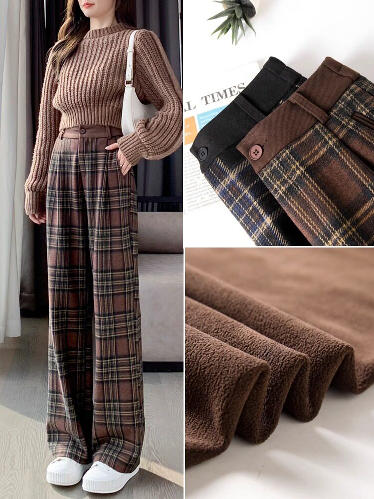 加绒毛呢格子阔腿裤女春秋宽松垂感高腰加厚休闲显瘦窄版直筒长裤