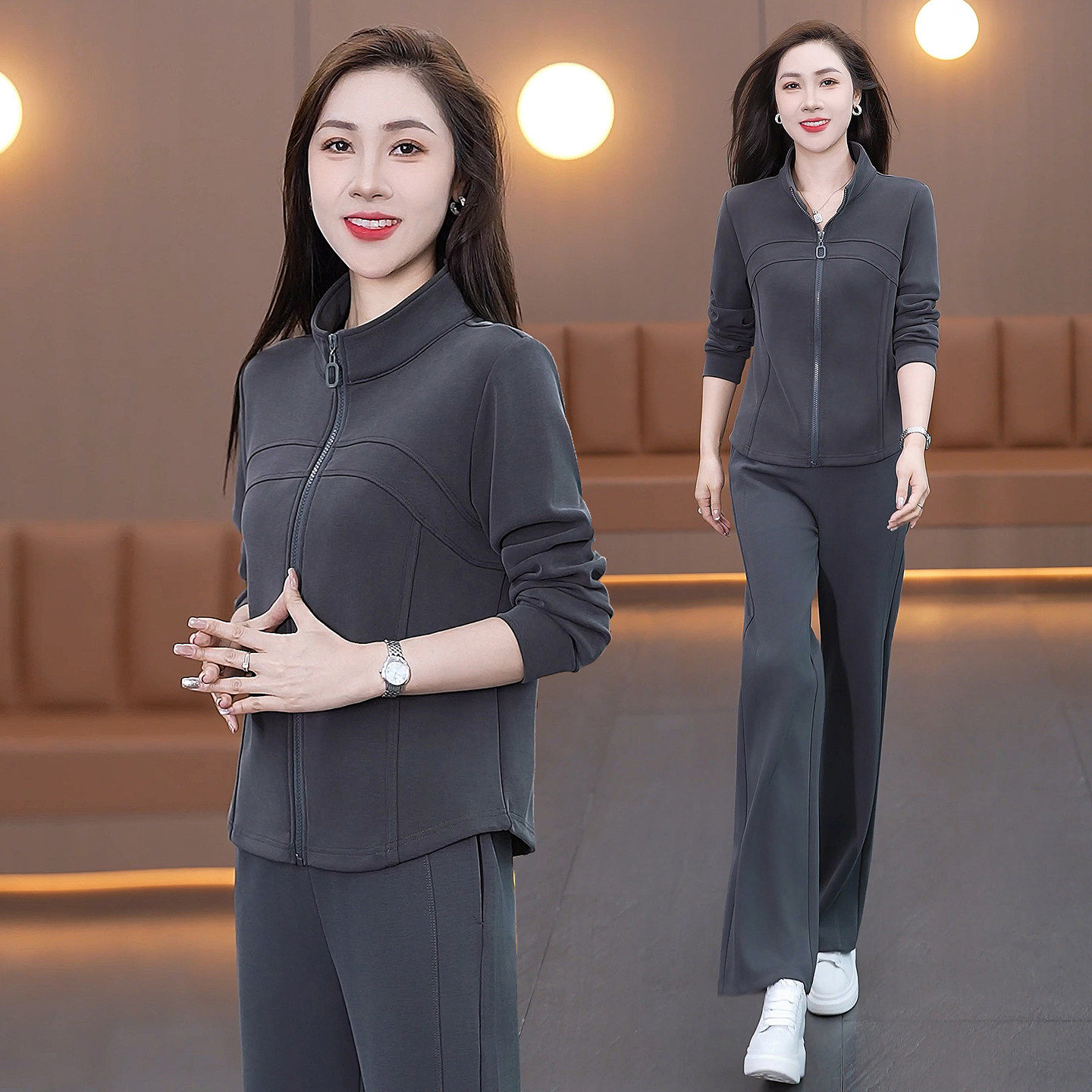 休闲运动套装女春秋2026年新款时尚洋派立领开衫拉炼高级感两件套