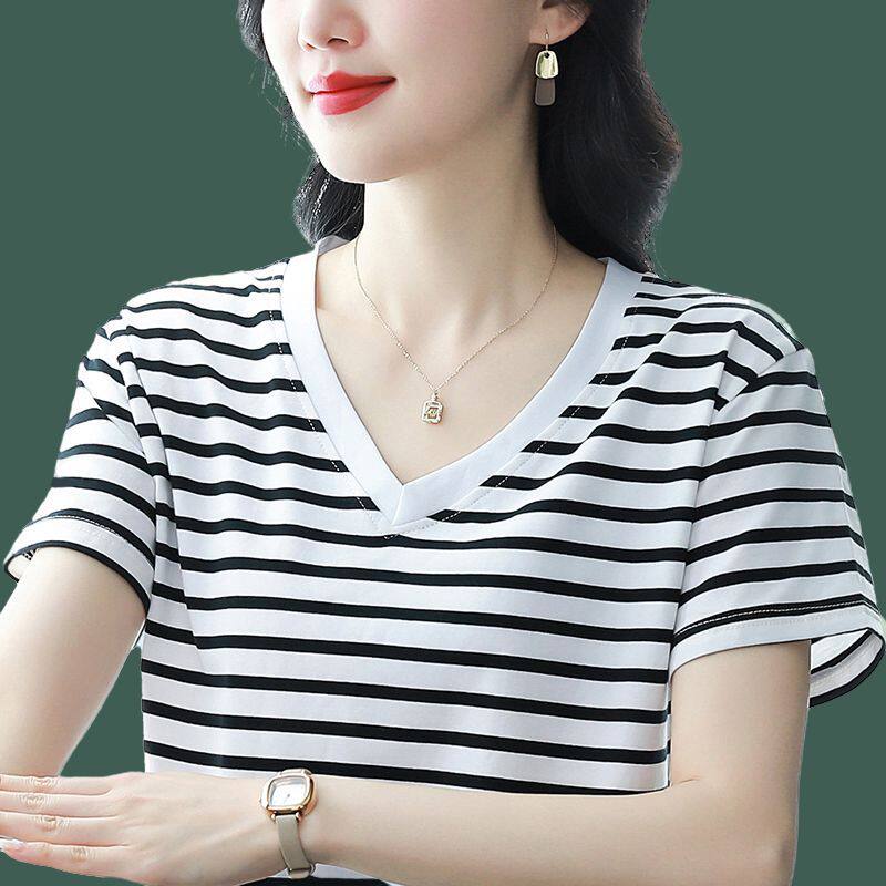 纯棉条纹短袖t恤女2025年夏季新款宽松大码女装遮肚子显瘦v领上衣