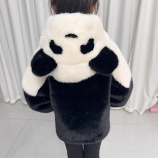 男女童仿水貂毛皮草外套熊猫款 可爱儿童保暖加厚皮毛一体毛毛大衣