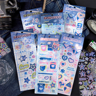 PET复古牛仔拼布风贴纸星星印迹创意高颜值手机手帐diy装饰咕卡贴
