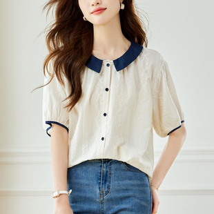 百搭减龄遮肚显瘦衬衣潮 时尚 学院风拼色娃娃领提花刺绣衬衫 女夏季