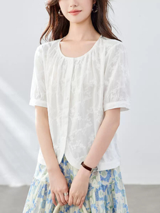 新款 2025夏季 小个子圆领上衣纯棉刺绣衬衣 女短袖 棉茧杏色绣花衬衫