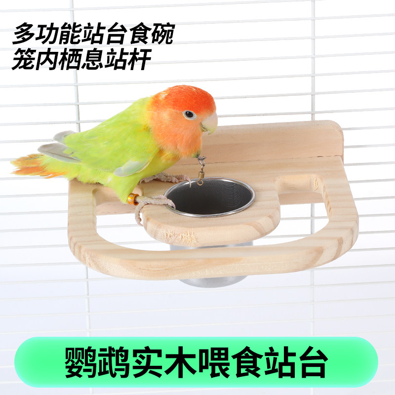 鹦鹉不锈钢食杯实木站架喂食盆牡丹玄凤笼子内挂装饰食盆站架