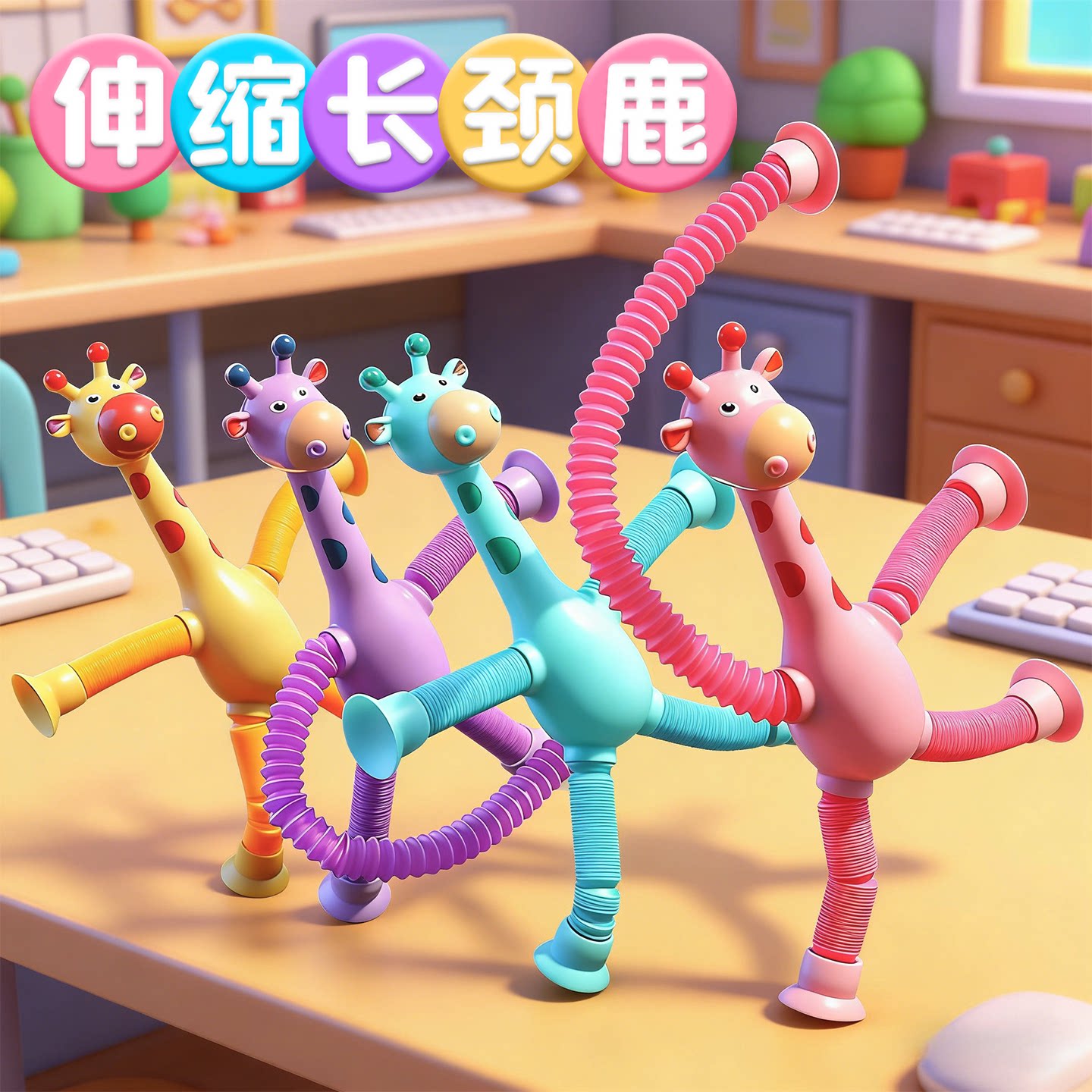 卡通长颈鹿拉伸吸盘亲子互动儿童创意百变发光伸缩益智解压小玩具