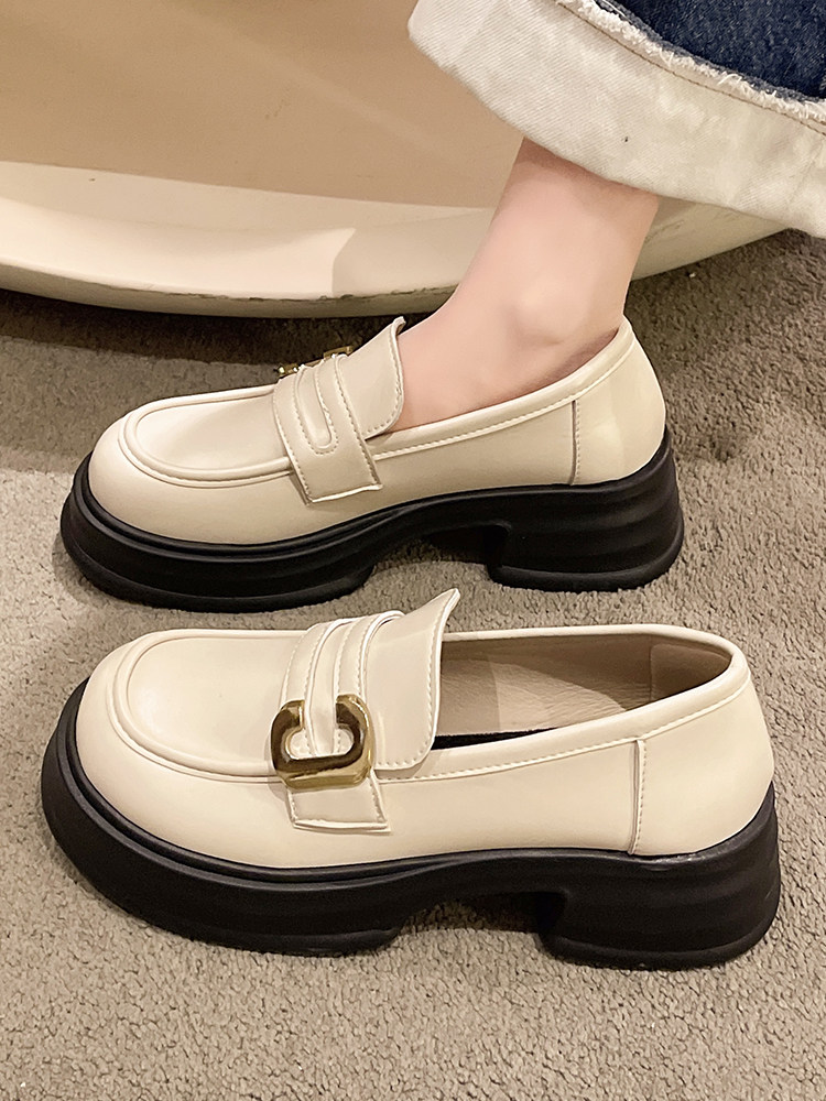 白色小皮鞋女2023新款春秋英伦风厚底百搭一脚蹬气质jk乐福鞋单鞋