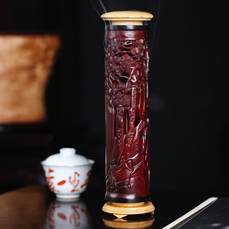 檀宗小叶紫檀手作大号苏式踏雪寻梅线香筒红木家用檀香熏香炉摆件