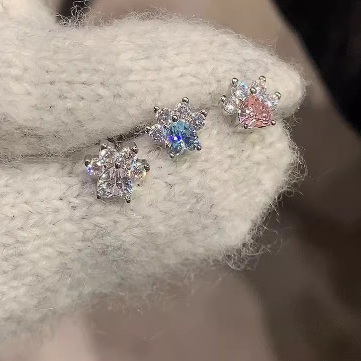 可爱小猫爪迷你锆石耳骨钉睡觉免摘钛钢耳蜗钉日常百搭