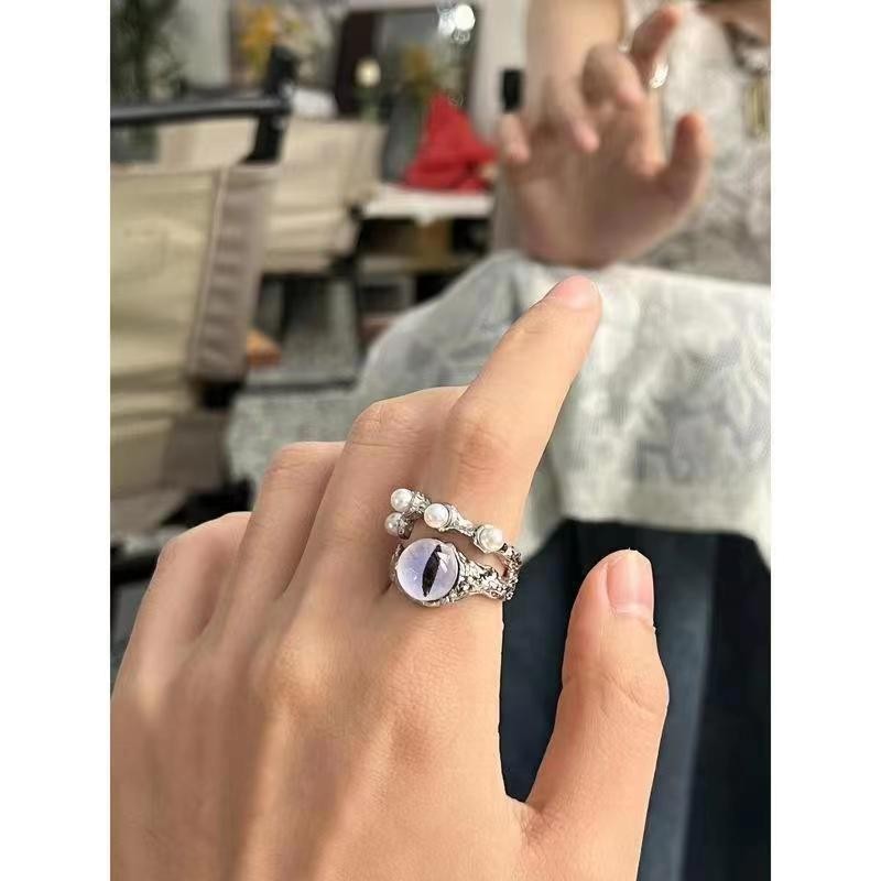 猫眼珍珠欧美辣妹个性开口戒指小众设计双层眼睛百搭高级感食指指