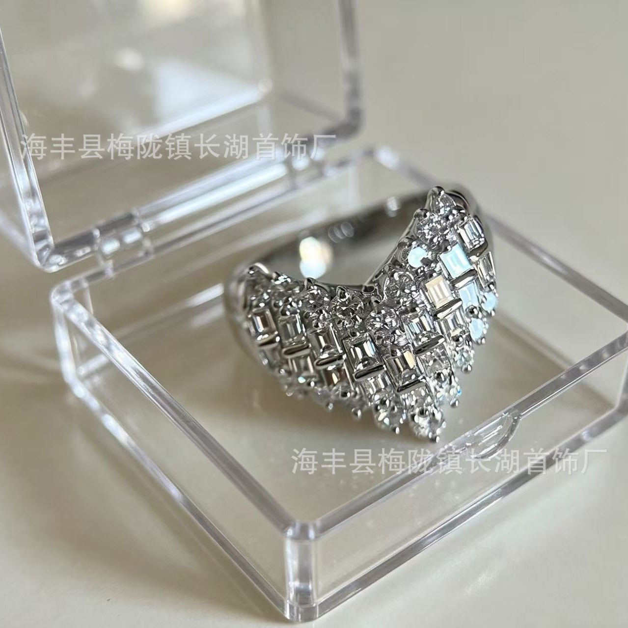 vintage中古夸张满钻爱心白钻戒指女轻奢高级感气质百搭日常