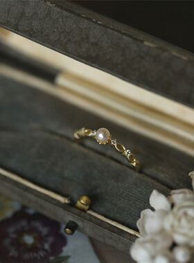 巴黎歌剧院法式淡水珍珠雕花锆石戒指女镀金细开口指环ins简约