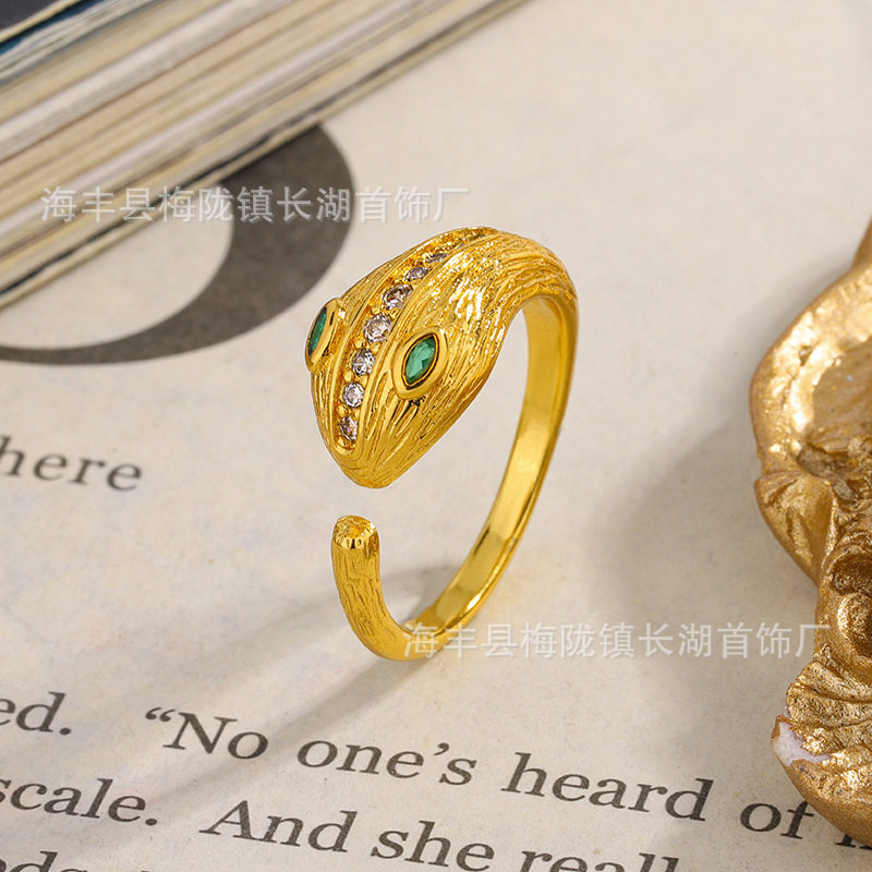 古法沙金戒指生肖蛇指环镶钻灵蛇女款戒指 个性时尚百搭高级感