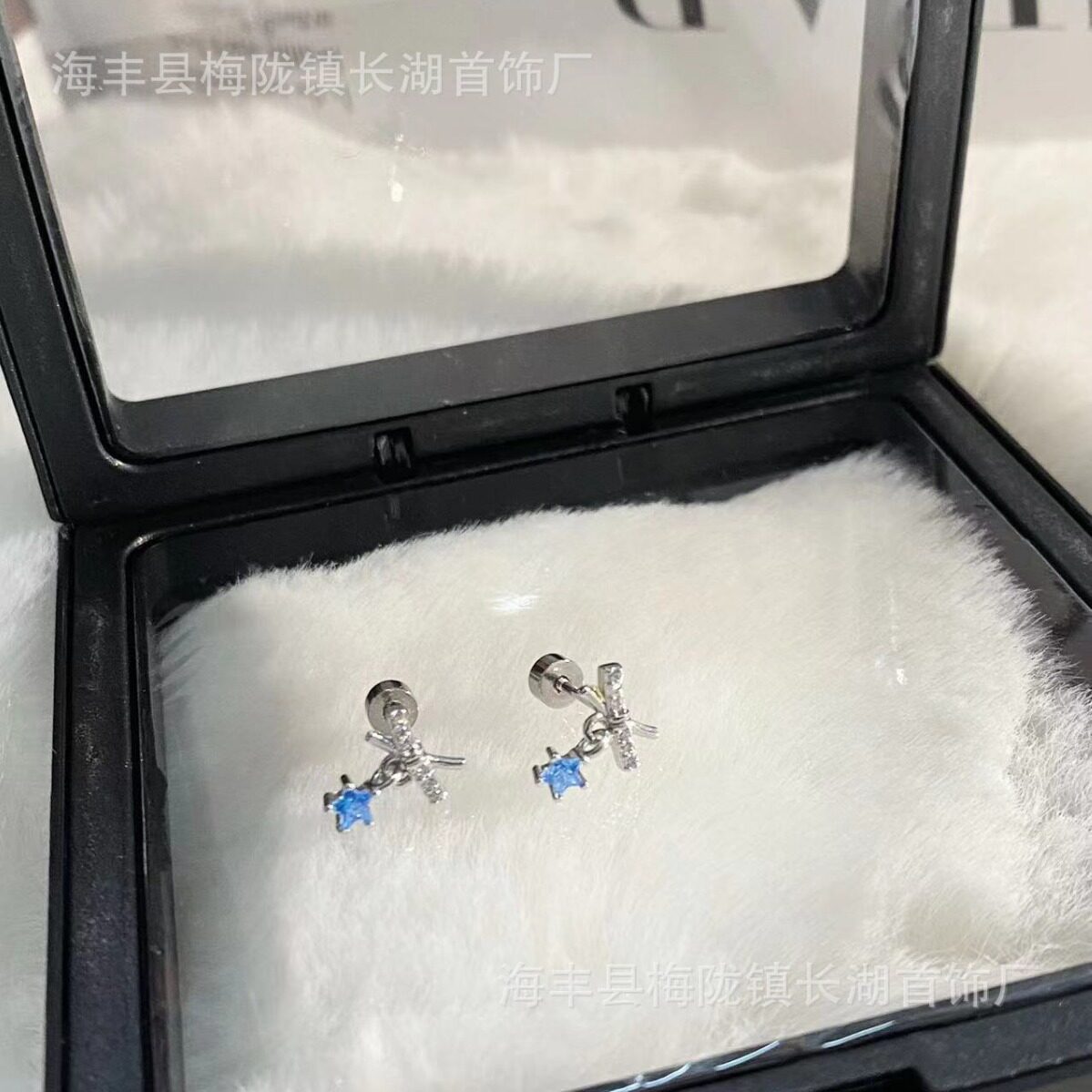 螺丝耳骨钉 蓝色锆石蝴蝶结耳蜗耳钉女小众简约个性百搭气质耳饰
