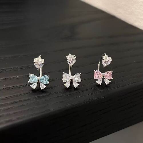 新款超闪蝴蝶结丝带锆石马蹄环小清新甜美精致钛钢耳钉养耳洞耳饰