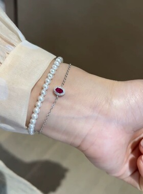 满钻围镶花苞鸽血红宝石手链女极细精致托帕石石榴石手链