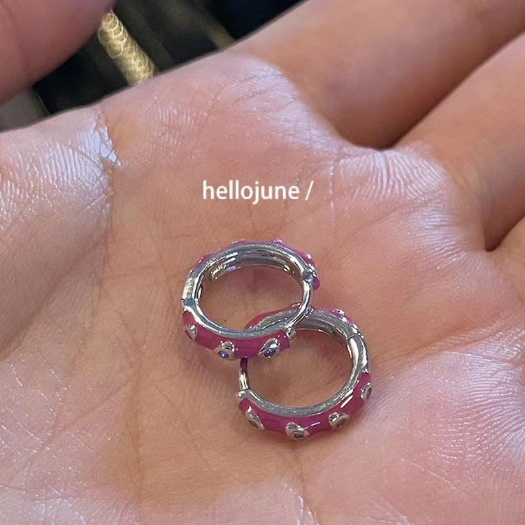 hellojune 粉色滴油小爱心心形浅紫锆石圆形耳扣耳圈耳环
