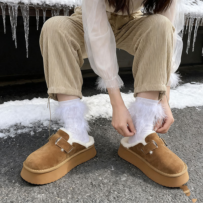 博肯雪地靴棉鞋新款冬季加绒保暖厚底包头毛毛半拖鞋女勃肯鞋