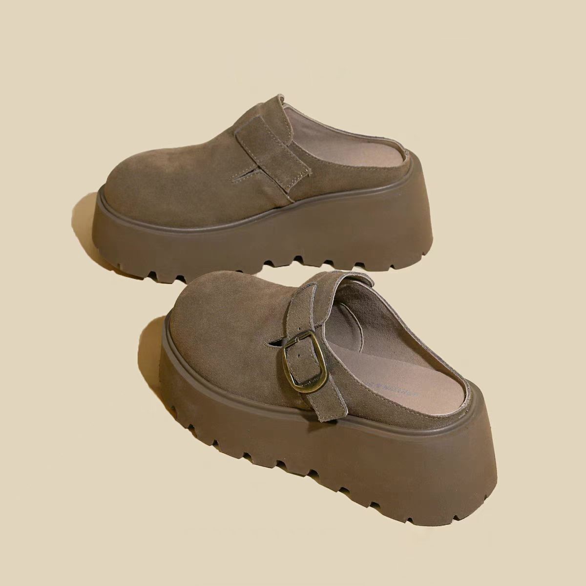 秋季新款舒适厚底包头半拖小个子增高勃肯鞋女士洋气外出百搭