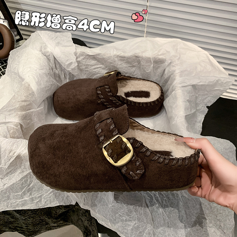 真皮版~外穿厚底勃肯鞋内增高鞋子秋冬加绒包头半拖鞋女鞋