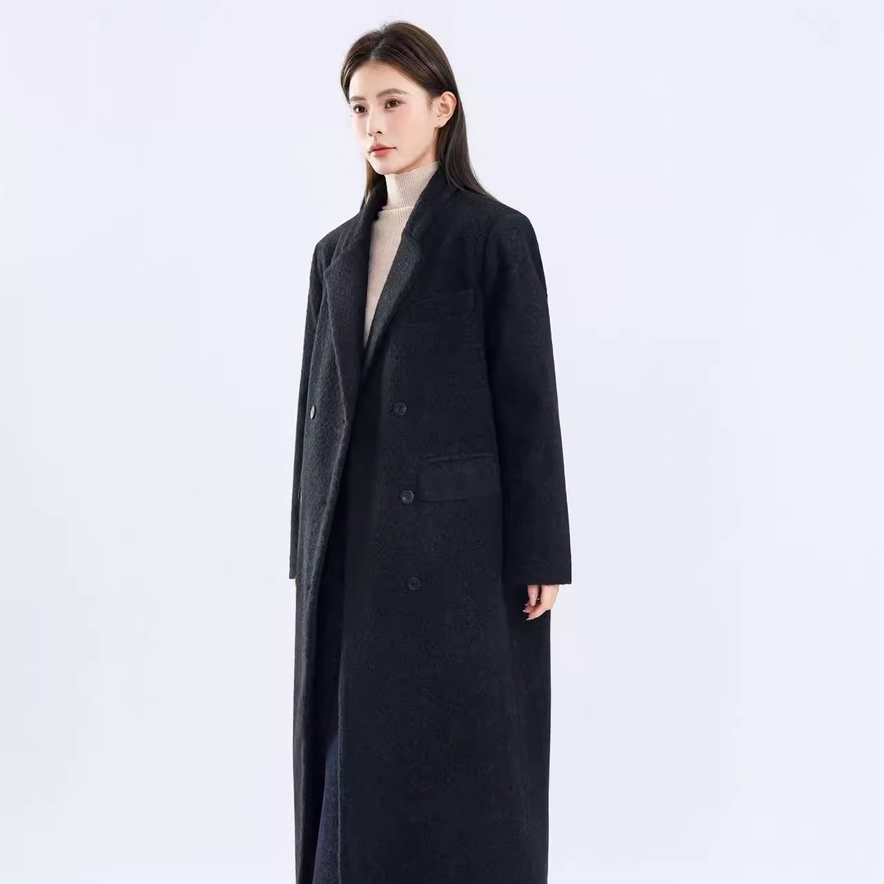 高级感黑色英伦风长款毛呢大衣