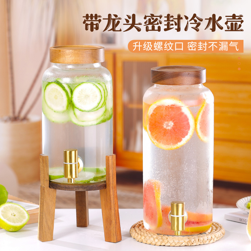 夏天冰箱冷水壶家用玻璃冰镇带龙头大容量高档食品级冷泡冷萃茶花