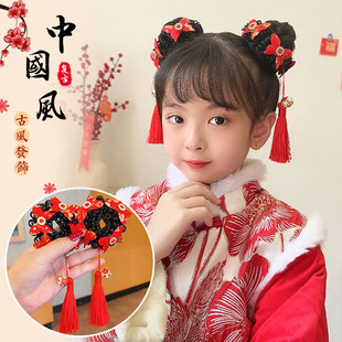 儿童新年发饰女童丸子头流苏假发发圈宝宝红色拜年服发绳汉服头饰